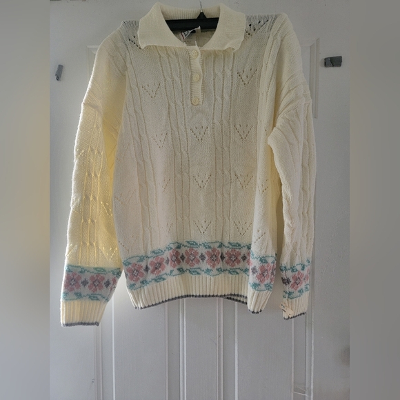 Cricket Lane Cozy Cream Floral  button-down collar Sweater Vintage - Picture 1 of 8